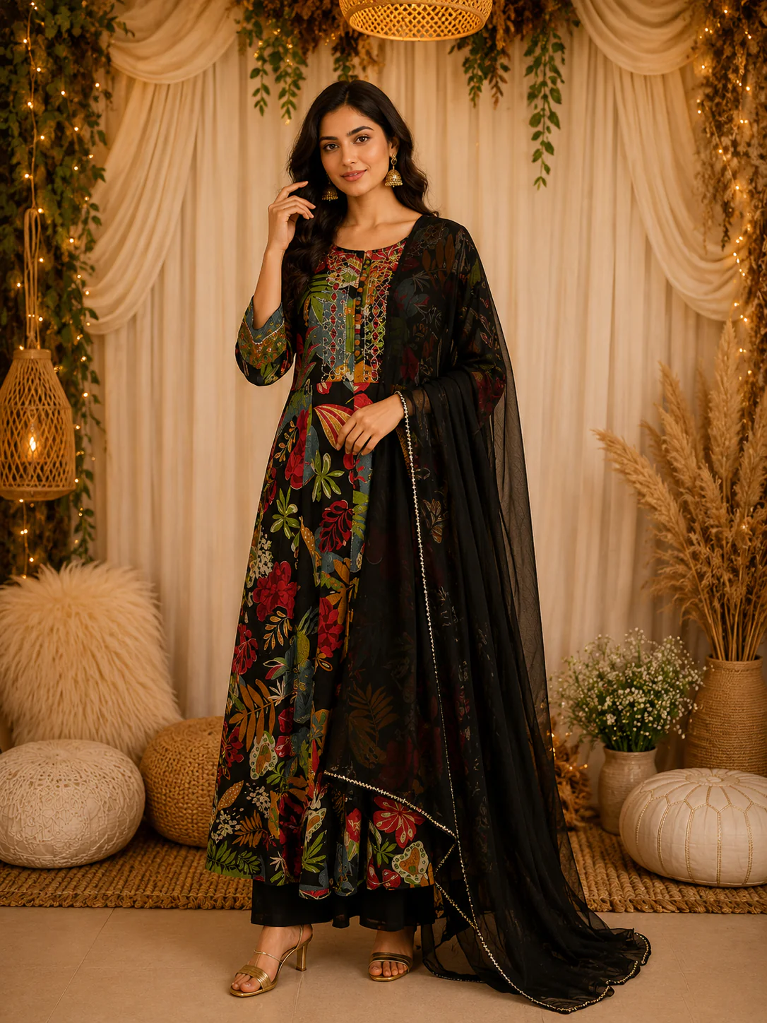Classic Black Floral Printed Design Cotton Anarkali Salwar Suit with Dupatta